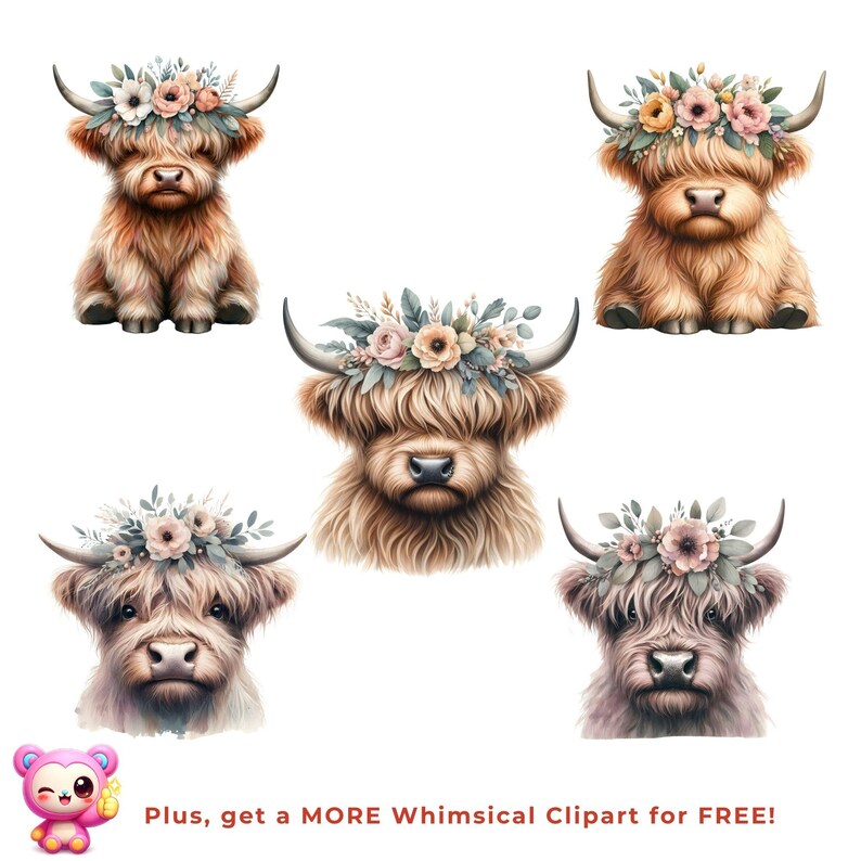 Watercolor Highland Cow Clipart Bundle – Floral Boho Cow PNG Set for ...