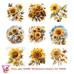 Sunflower Bees Clipart Bundle, Watercolor Floral PNG Set, Rustic Summer Botanical Graphics for Cricut, Sublimation & Print, Digital Download image 10