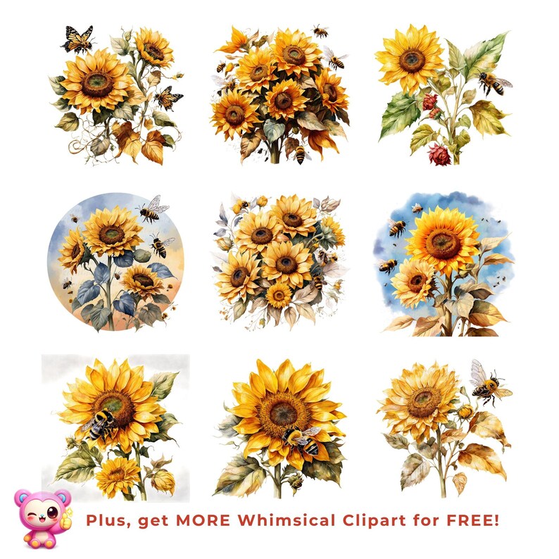 Sunflower Bees Clipart Bundle, Watercolor Floral PNG Set, Rustic Summer Botanical Graphics for Cricut, Sublimation & Print, Digital Download image 10
