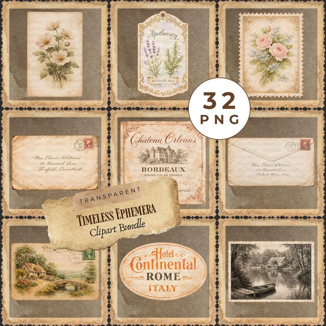Vintage Ephemera Clipart Bundle, Antique Paper PNG Set, Junk Journal ...