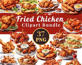 Fried Chicken Clipart Bundle, Watercolor Style (Digital Download)