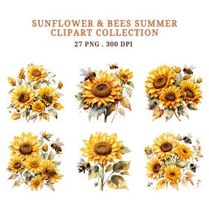 Sunflower Bees Clipart Bundle, Watercolor Floral PNG Set, Rustic Summer Botanical Graphics for Cricut, Sublimation & Print, Digital Download image 2