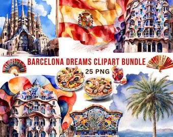 Barcelona Clipart Bundle, Watercolor Spain Travel PNG Set, Mediterranean Landmarks, Food & Culture Graphics for Design, Digital Download