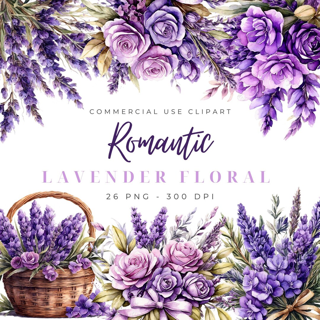 Lavender Bouquet Clipart Bundle, Watercolor Purple Floral PNG Set ...