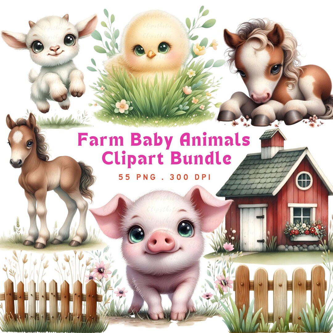 Farm Baby Animals Clipart Bundle – Pastel Spring PNG Set for Birthday ...