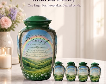 Personalized Green Scenic Landscape Memorial Urn, Rainbow Remembrance Ashes Container