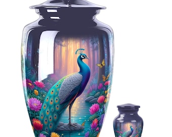 Peacock Floral Urn – Serene Forest Scene, Butterfly Memorial Keepsake
