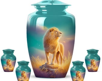 Personalized Green Lion Cremation Urn, Adult Memorial Keepsake (200 Cubic Inch)