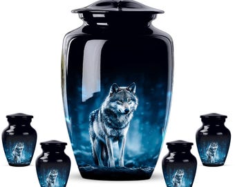 Wolf Cremation Urn – Black Ceramic Memorial Urn with Mystical Design