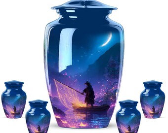 Personalized Blue Fishing Cremation Urn for Ashes, Adult Memorial Urn, Funeral Keepsake, Custom Remembrance Gift