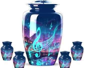 Personalized Music City Night Urn, Musical Notes, Adult Cremation Large Urn