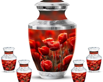 Red Poppy Cremation Urn – Floral Memorial Urn for Adult Ashes, Personalized
