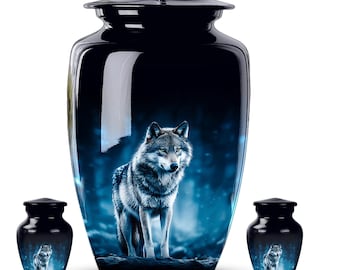 Personalized Wolf Cremation Urn, Adult Memorial Ashes, Nature Keepsake (Set)
