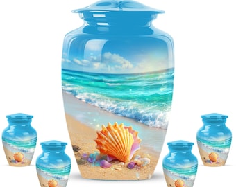 Personalized Blue Beach Cremation Large Urn, Adult Memorial Keepsake, Custom Remembrance Gift