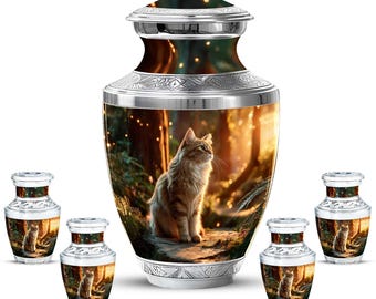 Personalized Cat Urn Memorial with Forest Design, Custom Pet Ashes Urn for Cat, Decorative Cremation Urn, Pet Loss Gift Keepsake
