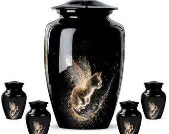 Black Ceramic Cat Urn, Angel Kitten Memorial Ashes Container
