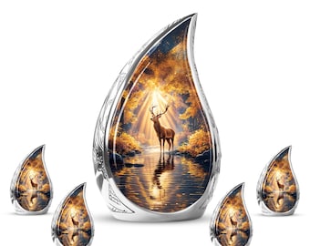 Personalized Deer Memorial Urn – Teardrop Ashes Cremation Keepsake (Forest Stag Design)