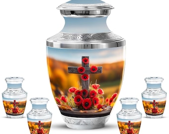 Christian Cross Cremation Urn – Poppy Flower Memorial, Personalized