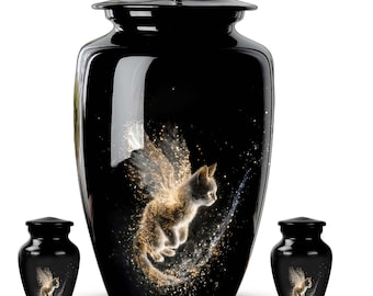Black Ceramic Cat Urn, Angel Kitten Memorial Ashes Container