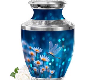 Blue Dragonfly Cremation Urn | Hand-Painted Floral Memorial Keepsake