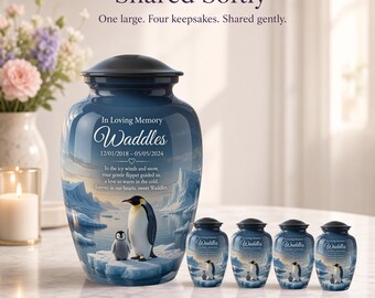 Personalized Penguin Memorial Urn Set, Aluminum Cremation Urn with Keepsakes (10" Large)