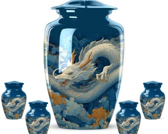 Dragon Cremation Urn, Teal Blue Oriental Memorial Keepsake, Large Ceramic Funeral Urn