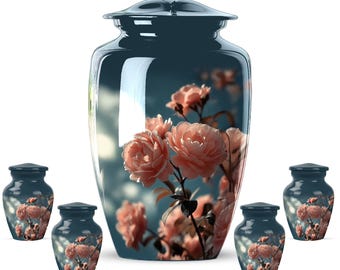 Teal Blue Floral Cremation Urn – Adult Memorial with Coral Peonies