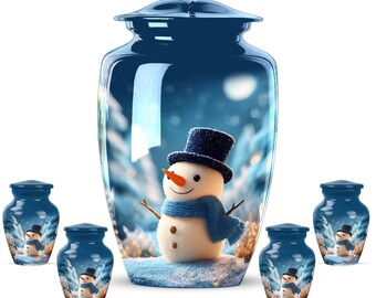 Personalized Blue Snowman Cremation Urn, Adult Memorial Keepsake (200 Cubic Inch)