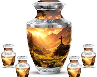Customizable Christian Urn, Cross Sunset Memorial Vessel, Engraved Aluminum Funeral Urn