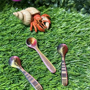 May include: Three colorful spoons with patterned handles and a small hermit crab on a green surface. The spoons have a metallic sheen with shades of pink, gold, and purple. The hermit crab has a red body and is in a beige shell.