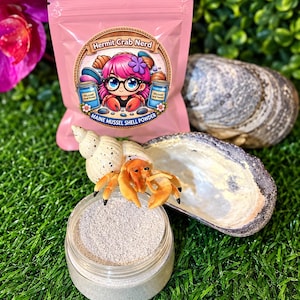May include: A pink resealable pouch labeled Hermit Crab Nerd Maine Mussel Shell Powder featuring a cartoon character, a clear jar filled with fine off-white powder, a small orange hermit crab figurine, and a large textured mussel shell.