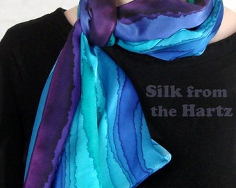 Hand Painted Jewel Tone Stripe 11" X 60" Silk Scarf