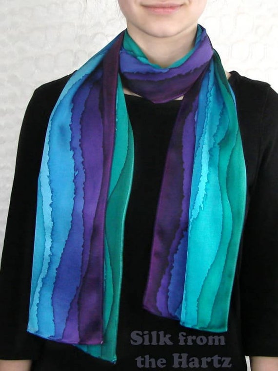 Great Accessory Silk Scarf Size 54 x 8 Hand Dyed Silk Scarf Purple with Abstract Design Great Colorful Scarf