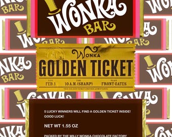 Edible Replica Wonka Bar with Golden Ticket (Hershey's Chocolate Bar inside) Willy Wonka Charlie Chocolate Factory Candy Gift