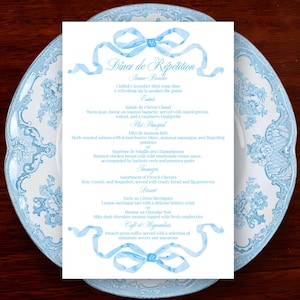 Baby Blue Digital Editable Bow Ribbon Menu Template | Pretty Bows Hand Drawn Rehearsal Dinner Wedding Menu | Ribbon Loops Ladies Tea Lunch