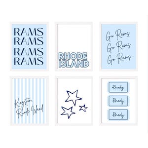 May include: A set of six framed wall art prints featuring light blue and dark blue designs. The prints include text reading RAMS, RHODE ISLAND, Go Rams, Kingston, Rhode Island, and Rhody, alongside a print with three dark blue star illustrations.
