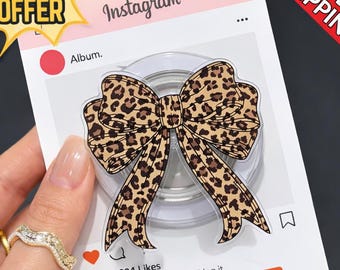 Soporte para teléfono MagSafe con lazo de leopardo, lindo soporte para teléfono femenino, soporte de agarre estético coqueto, accesorio de moda para teléfono