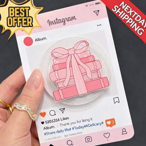 Pink Book Stack Phone Grip MagSafe, Cute Coquette Bow Phone Holder, Girly Book Lover Aesthetic Grip, Magnetic Phone Stand Gift
