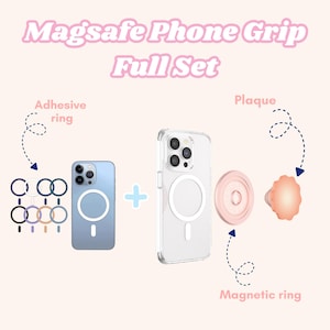 Puede incluir: Un juego completo de agarres para tel&eacute;fono MagSafe, que incluye anillos adhesivos de varios colores, una funda para tel&eacute;fono, un anillo magn&eacute;tico y una placa. El texto "MagSafe Phone Grip Full Set" se muestra en rosa. La funda es transparente.