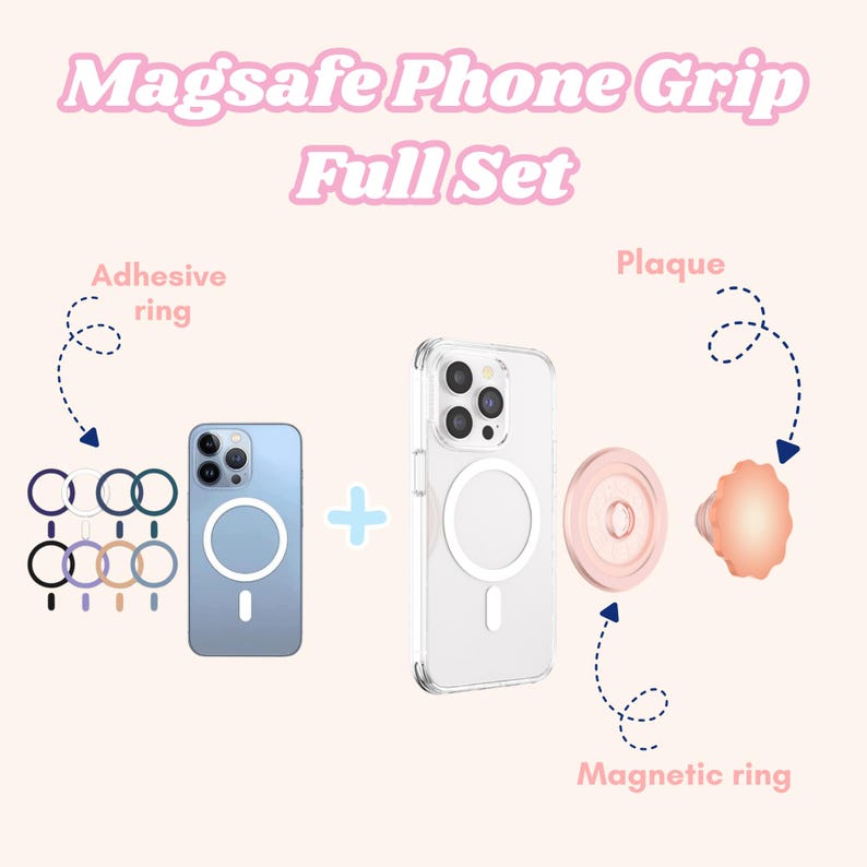 Puede incluir: Un juego completo de agarres para tel&eacute;fono MagSafe, que incluye anillos adhesivos de varios colores, una funda para tel&eacute;fono, un anillo magn&eacute;tico y una placa. El texto "MagSafe Phone Grip Full Set" se muestra en rosa. La funda es transparente.