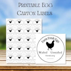 May include: Printable egg carton labels with a black and white design. The labels feature a silhouette of a chicken and the words "Farm Fresh Eggs", "Washed Unwashed", and "Collected week of".