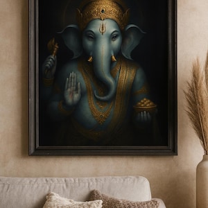 Divine Lord Ganesha Wall Art – Sacred Blue Ganesh Portrait with Golden Ornaments, Spiritual Hindu God Digital Print