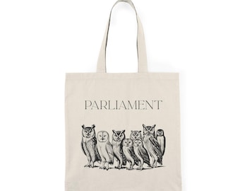Owl Parliament Tote Bag - Nature Lover's Canvas Tote, Eco-Friendly Owl Print Bag, Reusable Shoulder Bag, Woodland Animal Grocery Tote,