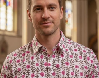 Men's Pink Floral Print Cotton Shirt – Hand Block Printed Long Sleeve Summer Button Down