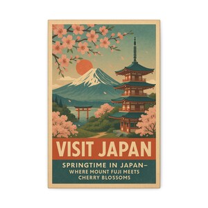 Vintage Japan Travel Poster - Mount Fuji & Cherry Blossoms - Retro Sakura Wall Art - Japanese Pagoda Print - Springtime Home Decor
