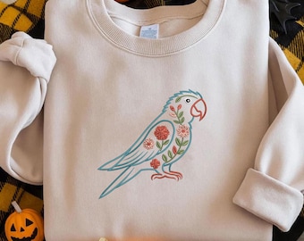Motif de broderie floral perroquet, fichier de broderie Machine oiseau coloré, motif de broderie perroquet tropical, fichier de point fleur