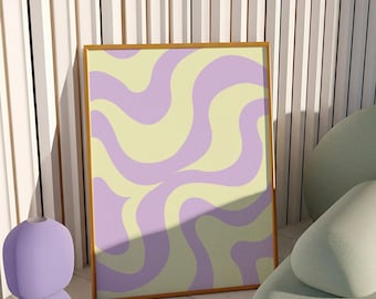 Pastel Purple & Yellow Abstract Swirl Art Print - Retro-Inspired Wavy Pattern (Digital Download)
