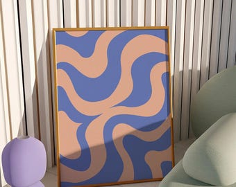 Blue and Peach Swirl Art Print – Modern Wavy Poster (Digital Download)