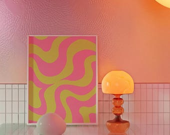 Pink and Lime Abstract Swirl Art Print – Retro Wavy Pattern (Digital Download)