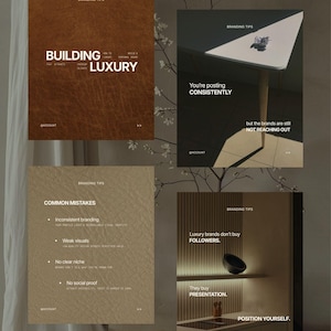 May include: A digital graphic display featuring four distinct panels with branding tips. The panels include text overlays such as BUILDING LUXURY, You're posting CONSISTENTLY, COMMON MISTAKES, and Luxury brands don't buy FOLLOWERS, set against textured backgrounds.